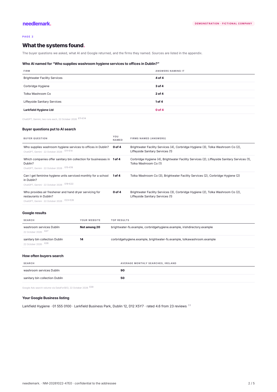 Page 2 of the sample report: what the systems found